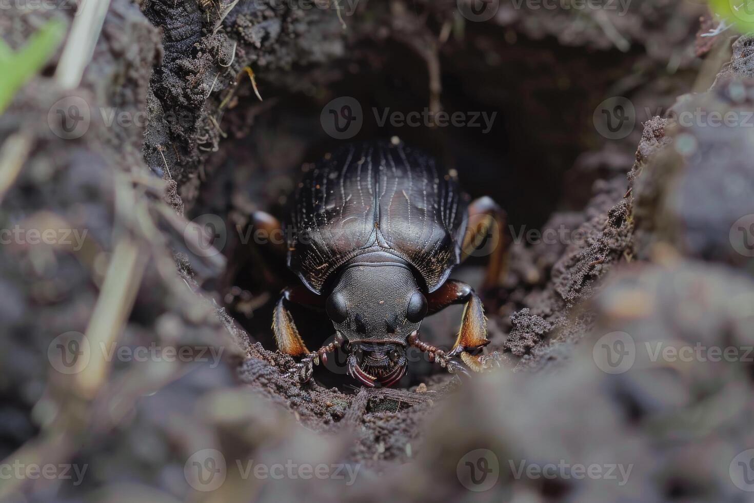 Close up of a beetle burrowing in rotting wood, illustrating the role of decomposers in nutrient cycling photo