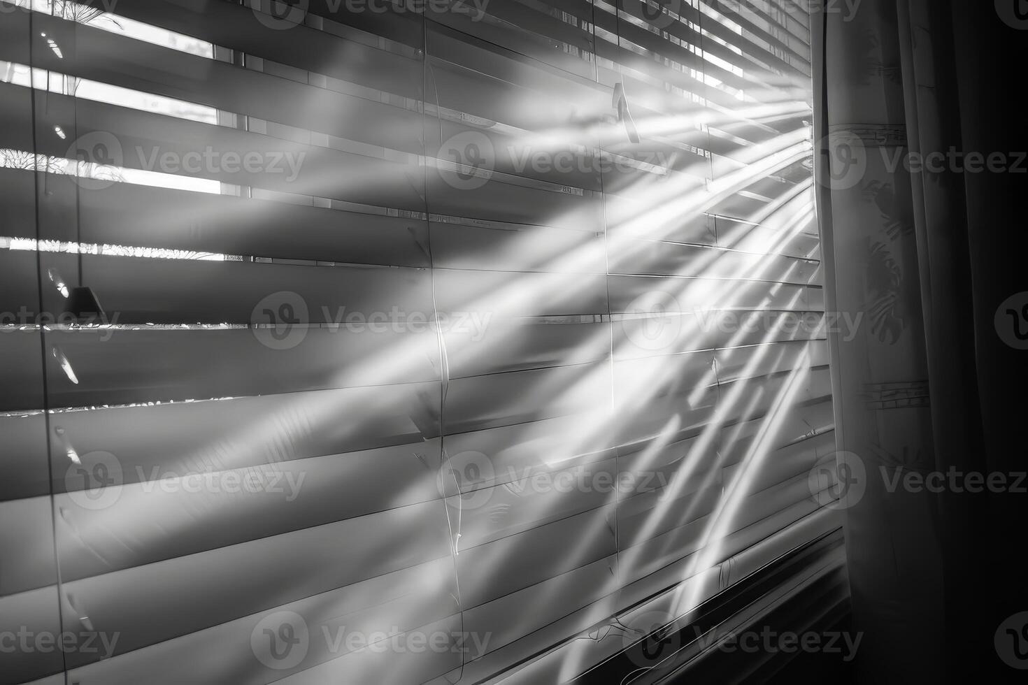 Heavenly light rays streaming through window blinds on a transparent white surface, adding a touch of coziness photo