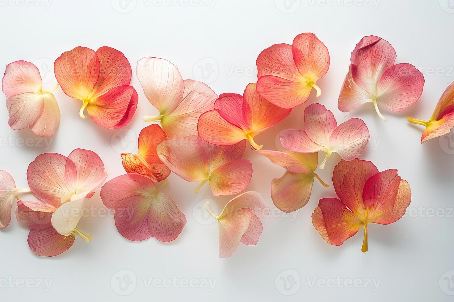 A close up of a bunch of pink flowers with yellow spots. The flowers are scattered across the image photo