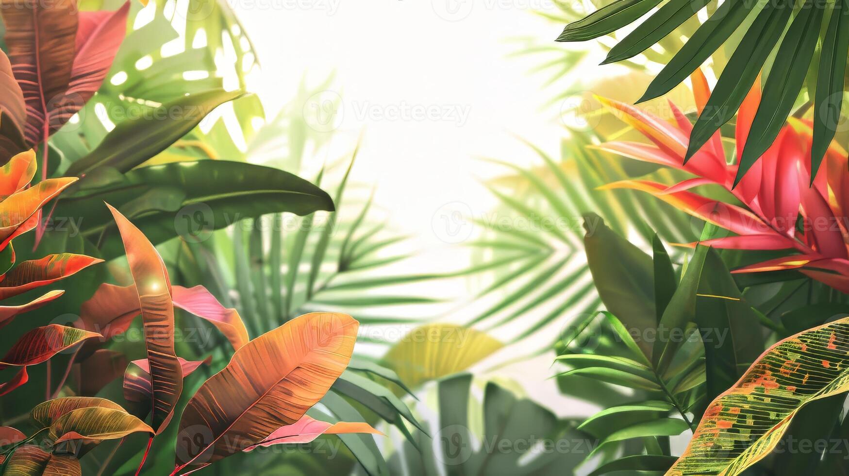 A lush green jungle with a bright yellow and red leafy plant in the foreground. The jungle is full of life and color, with a sense of adventure and exploration photo