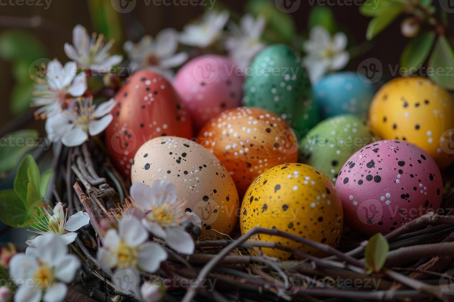 Colorful Easter eggs arranged in a nest with spring blossoms photo