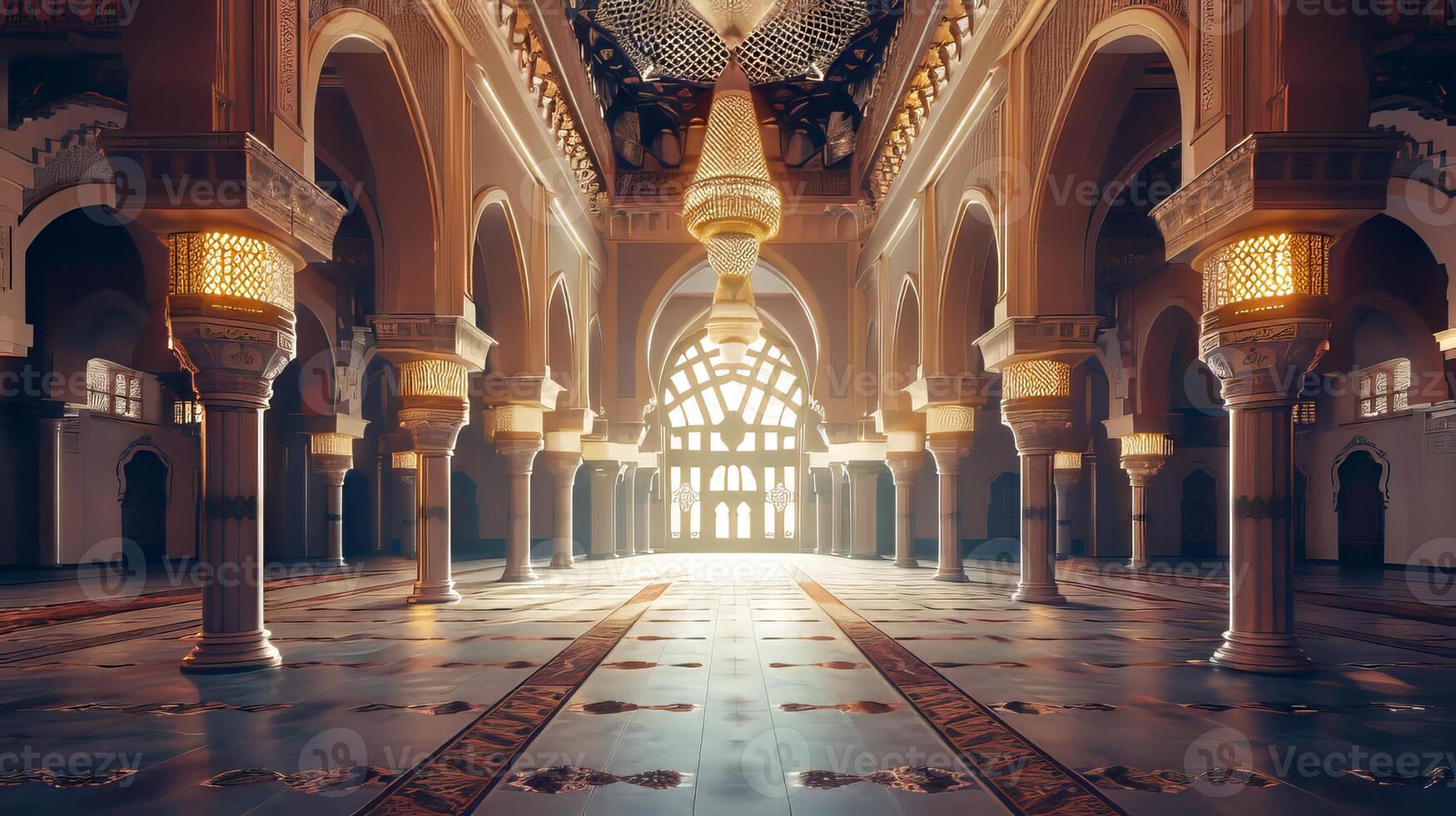 A large, empty room with a chandelier hanging from the ceiling photo