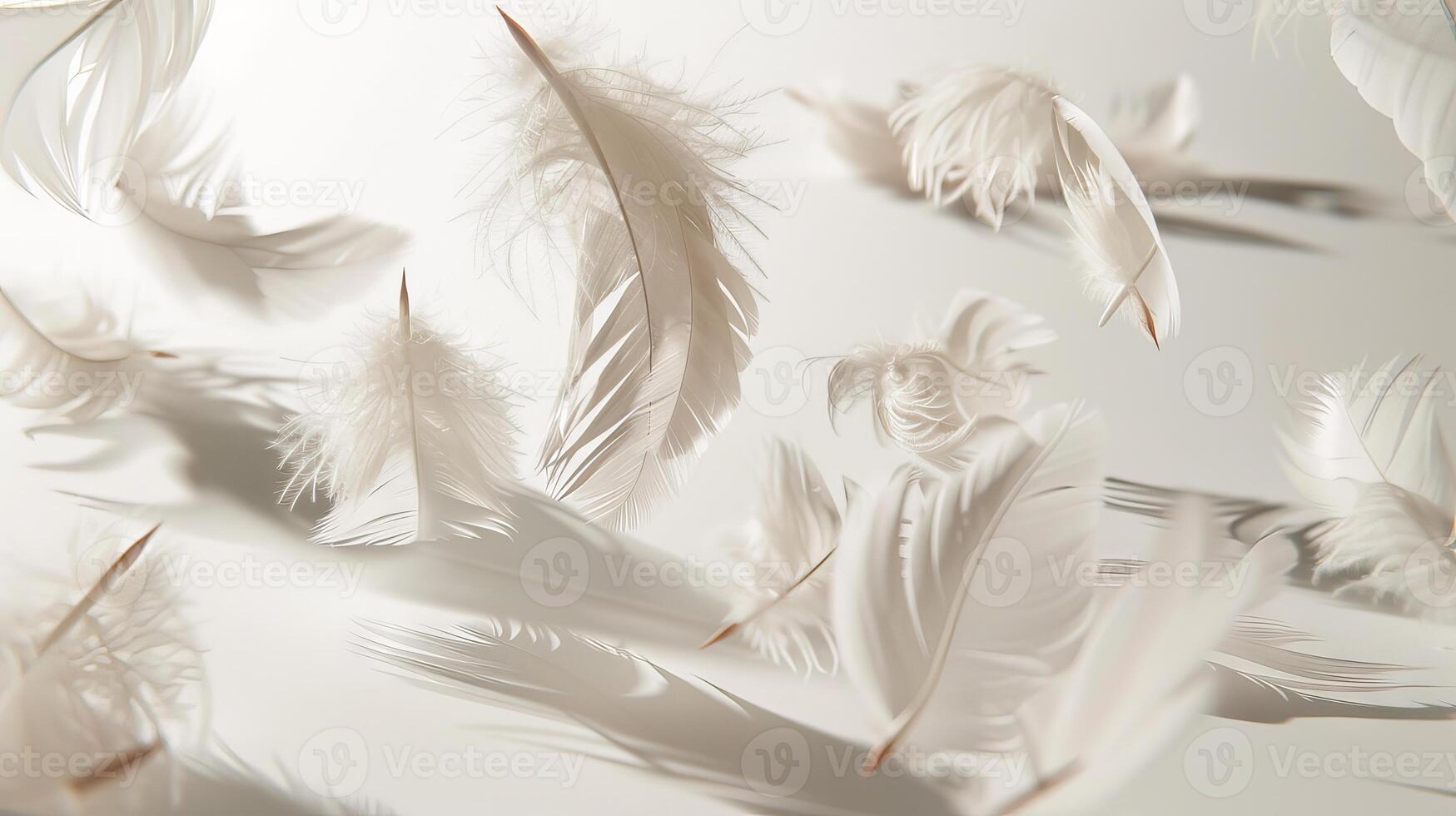 Ethereal boho feathers floating delicately against a pristine white surface photo