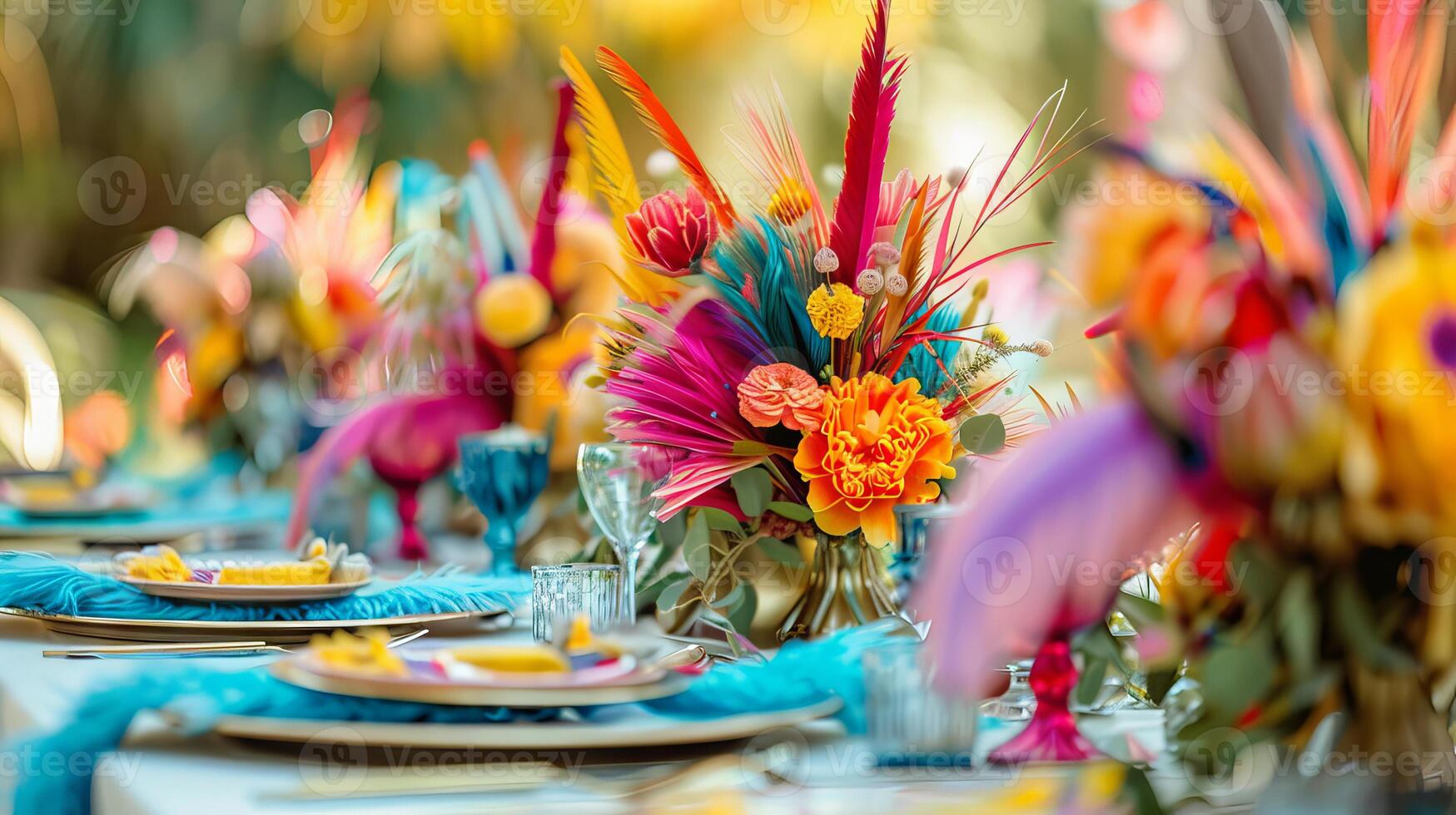 Colorful bohemian feathers adding a whimsical touch to a white setting photo