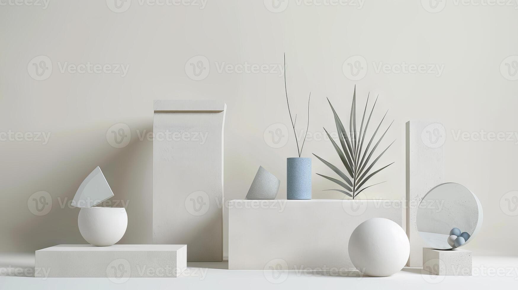 A white background with various white and blue objects arranged on top of white pedestals. The objects include a vase, a bowl, a cup, and a leaf photo