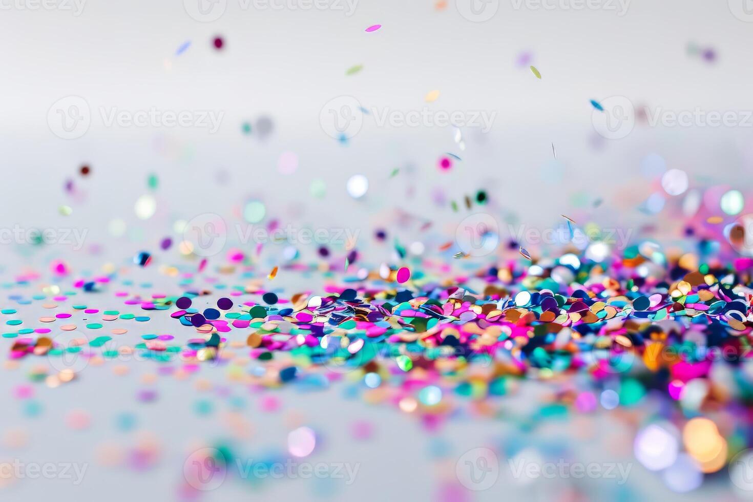Glittering confetti sparkles scattered on a soft transparent white surface, perfect for celebratory occasions photo