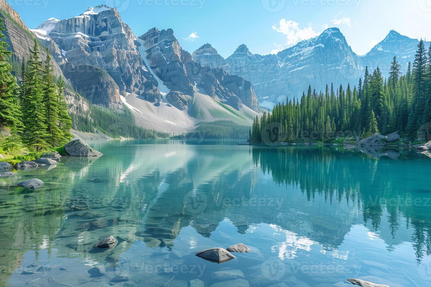 Crystal-clear mountain lake surrounded by towering peaks and pine trees photo