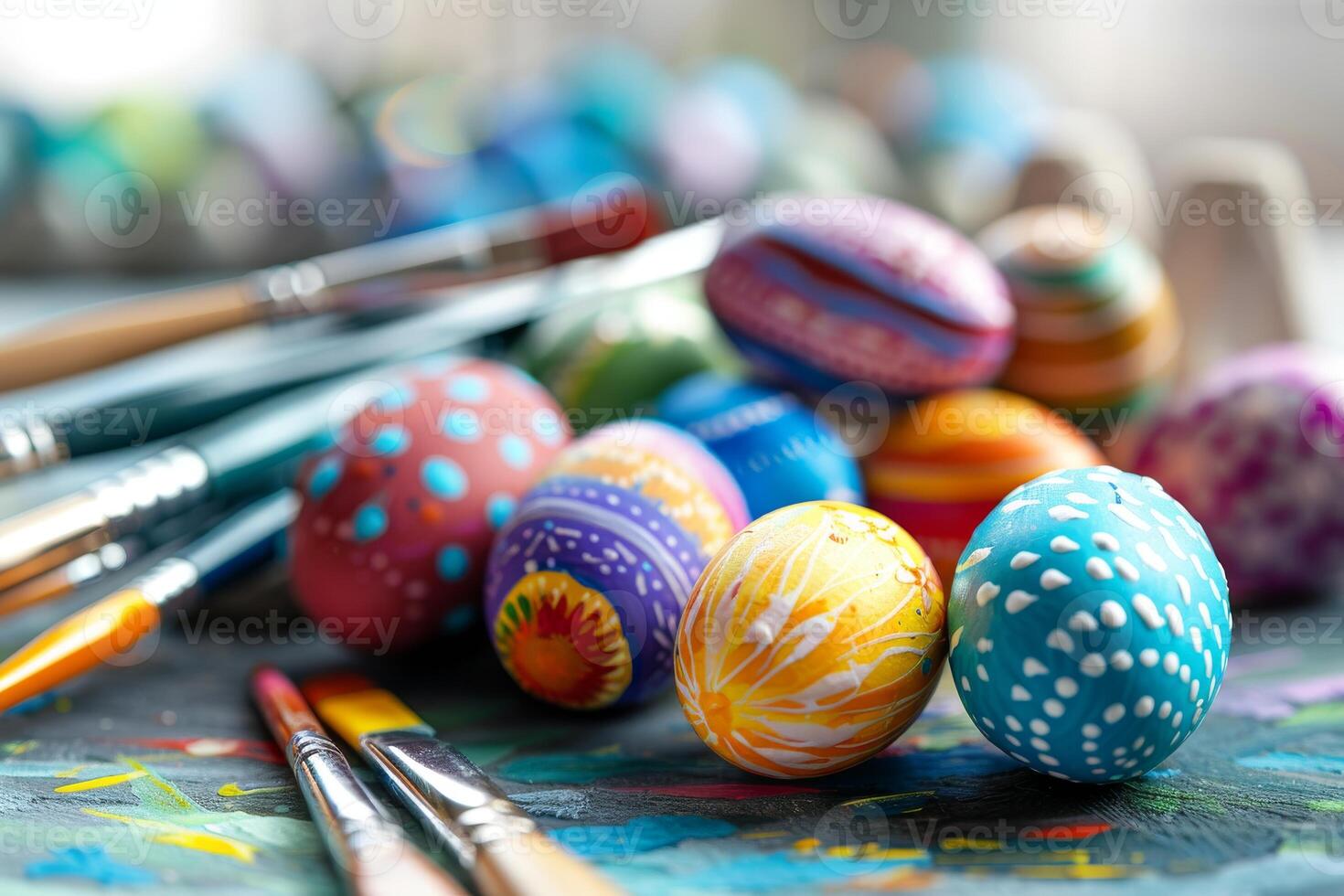 Easter egg painting party with colorful paints and brushes photo