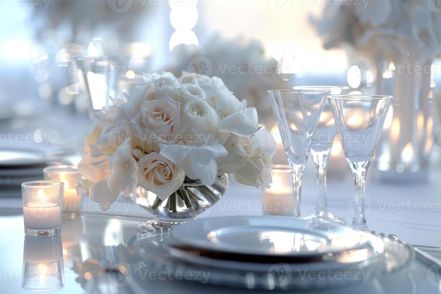 Elegant wedding reception decor against a soft transparent white surface, ideal for memorable events photo