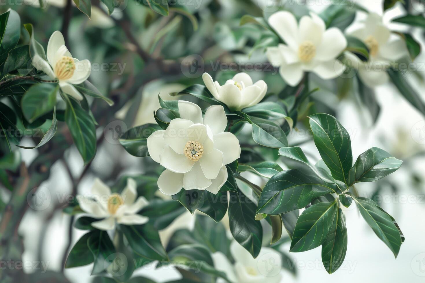 Graceful magnolia tree with fragrant white blossoms and glossy green leaves, ideal for garden-themed projects photo