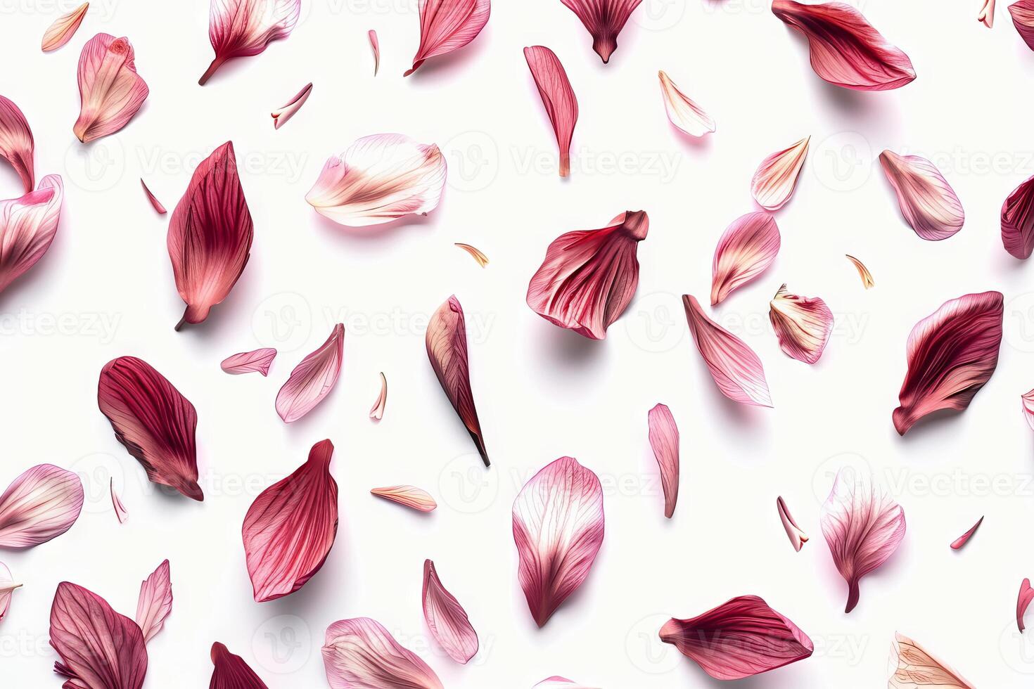 A close up of pink flower petals scattered across a white background photo