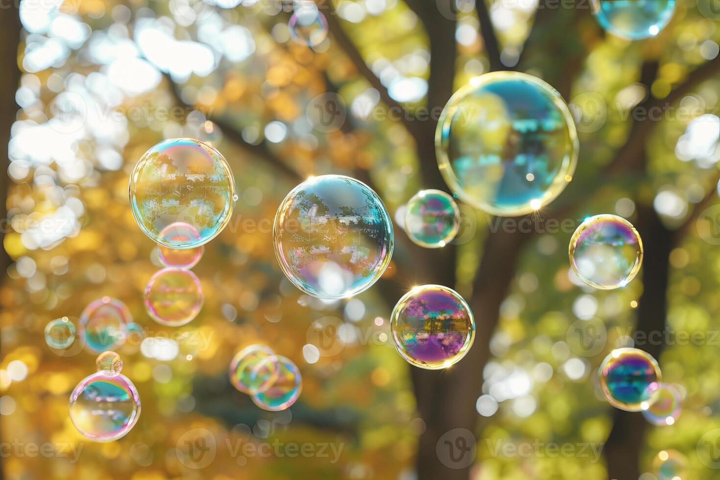 Rainbow-colored soap bubbles floating transparently in the air on a sunny day photo