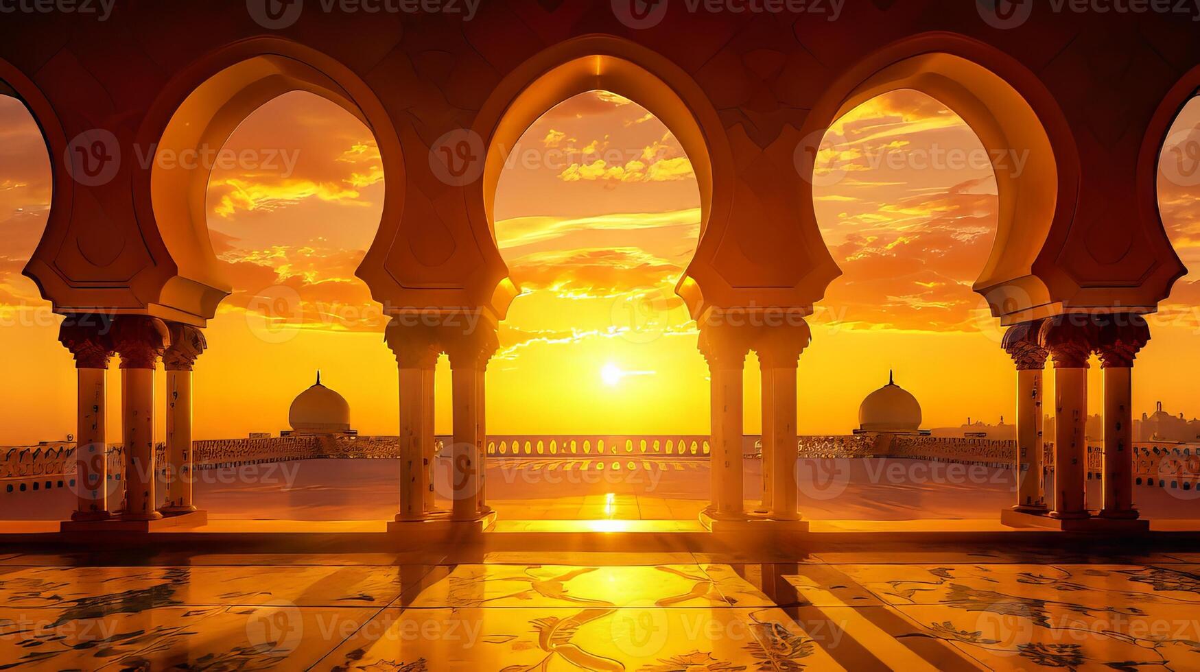 Traditional Islamic arches against a golden sunset background, evoking a sense of spirituality photo