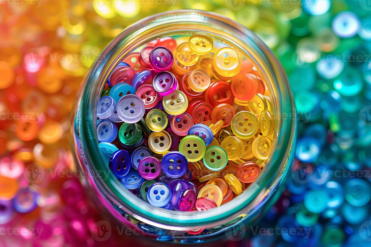 Rainbow-colored buttons transparently arranged in a jar, ready for use photo