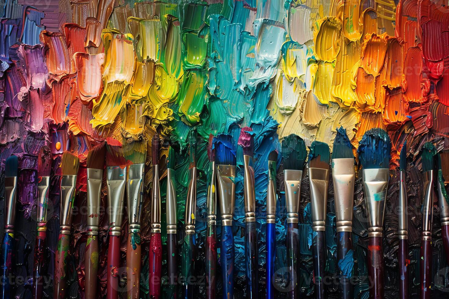 Rainbow-colored paintbrushes transparently arranged on a palette photo