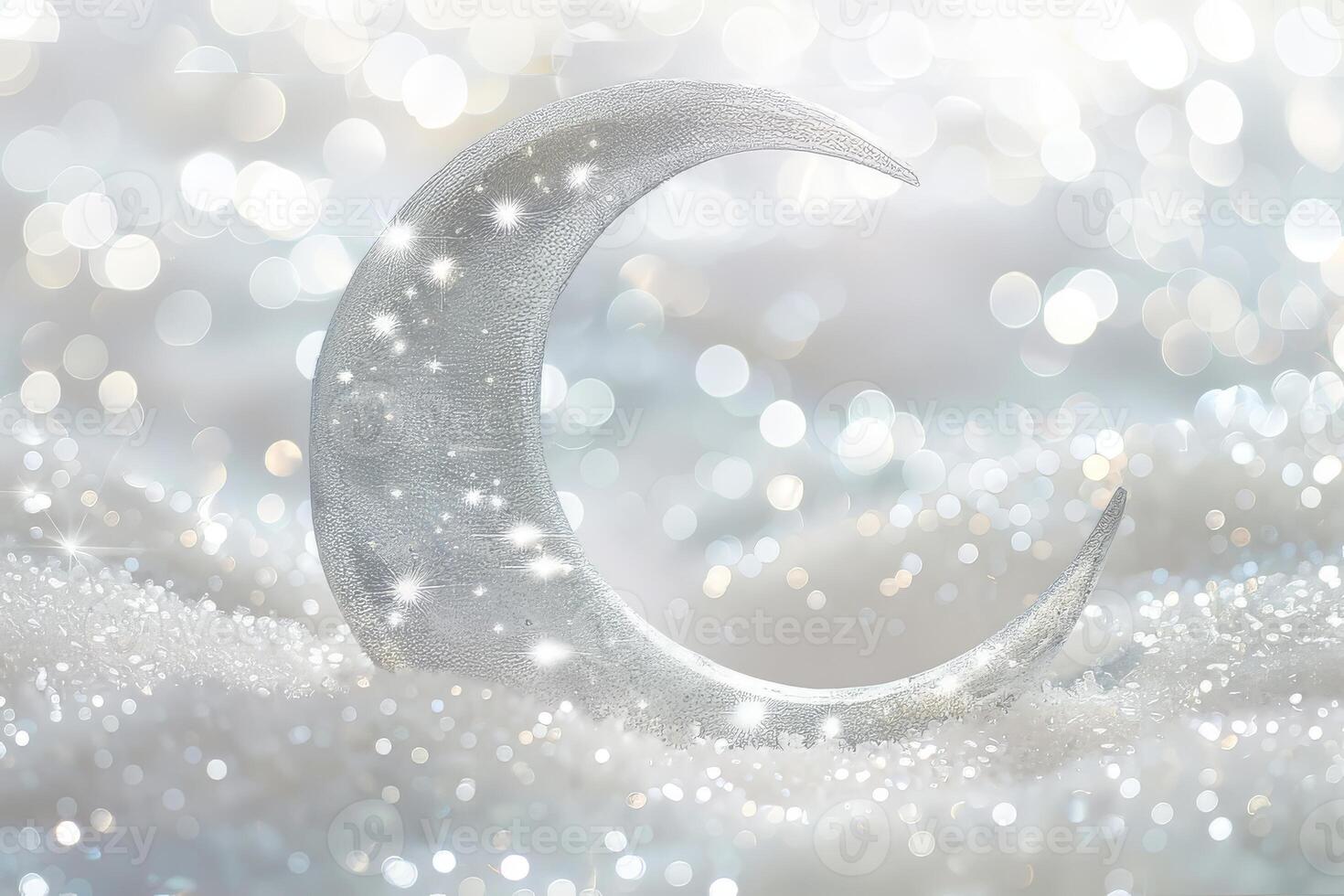 Glowing moon-shaped sparkles shining brightly on a soft transparent white surface, perfect for mystical themes photo