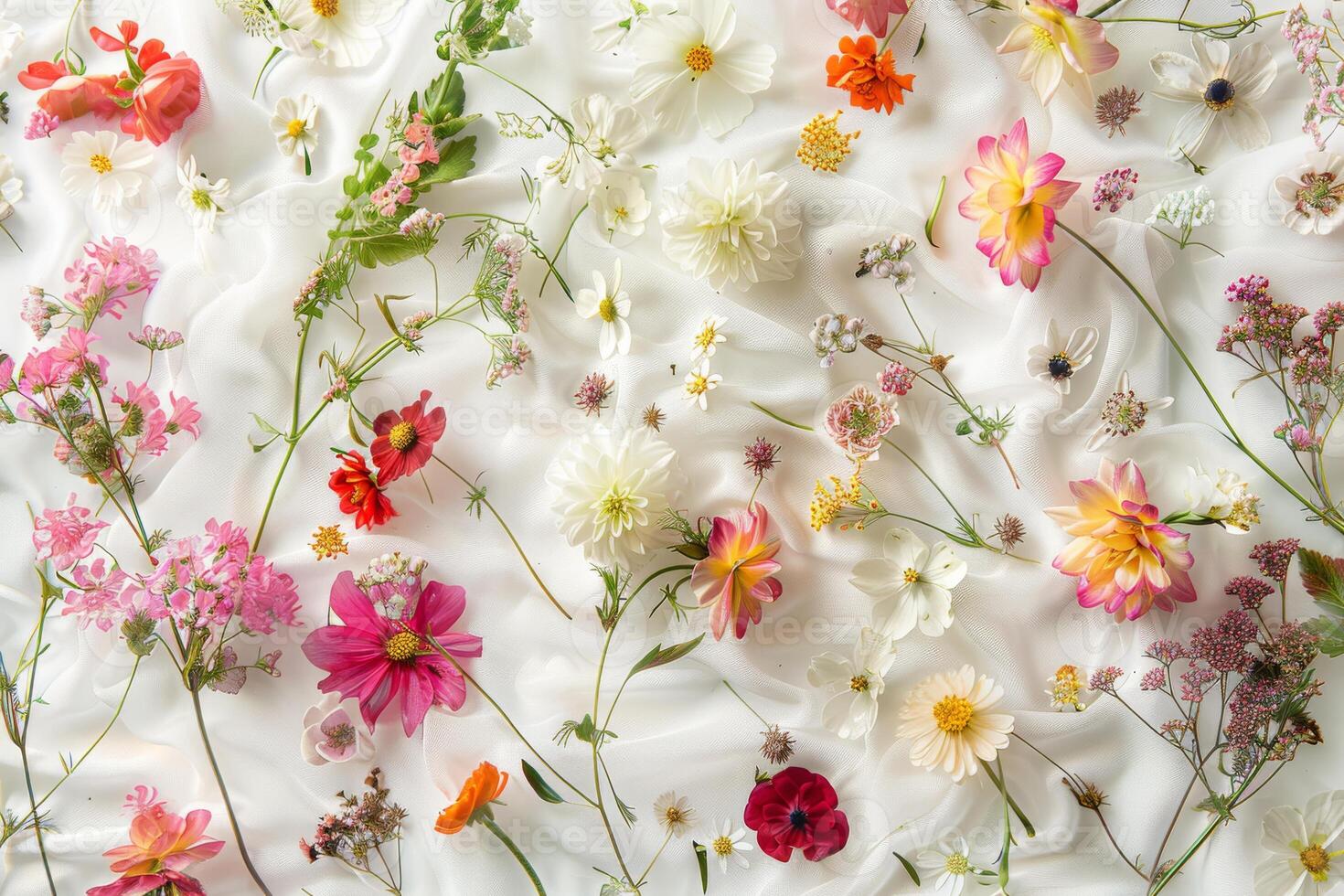 A white background with a variety of flowers, including daisies, roses, and sunflowers photo