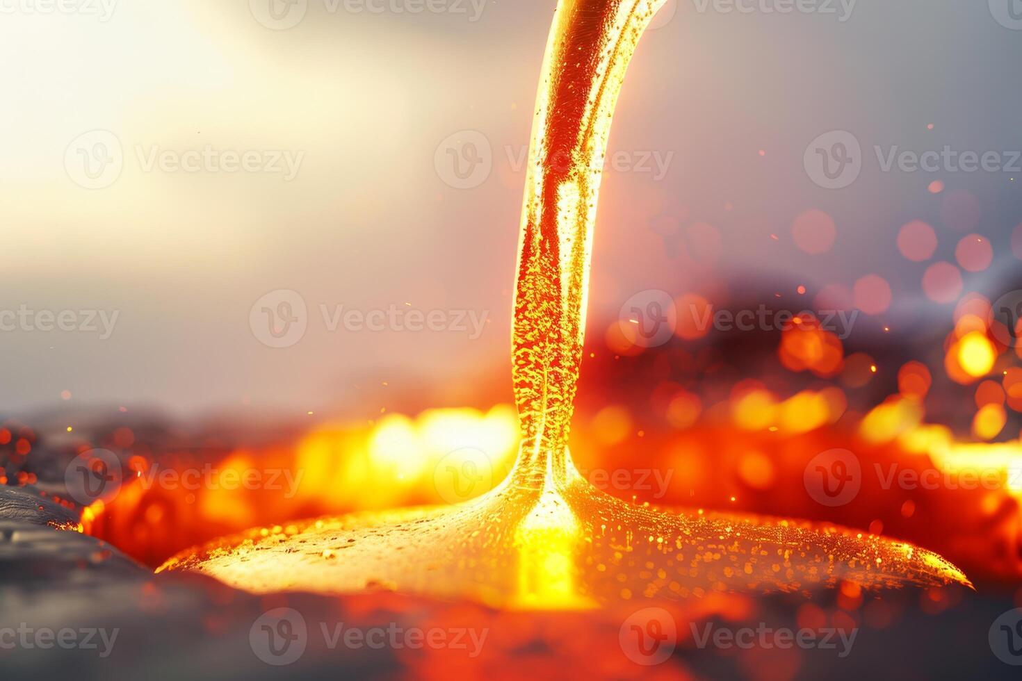 Glowing molten metal pouring from a crucible against a soft transparent white background photo