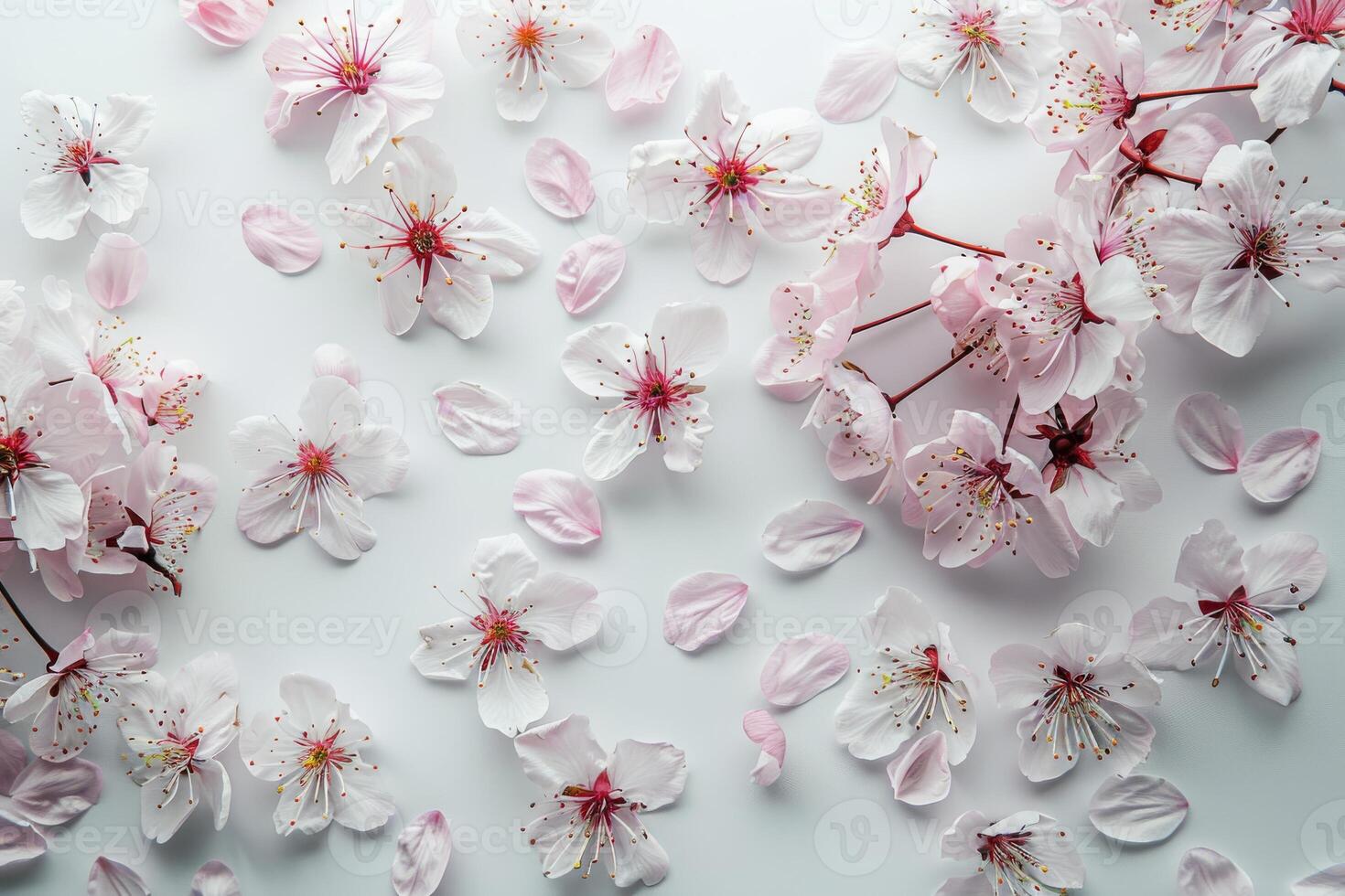 Delicate cherry blossom petals on a transparent white surface, ideal for delicate compositions photo