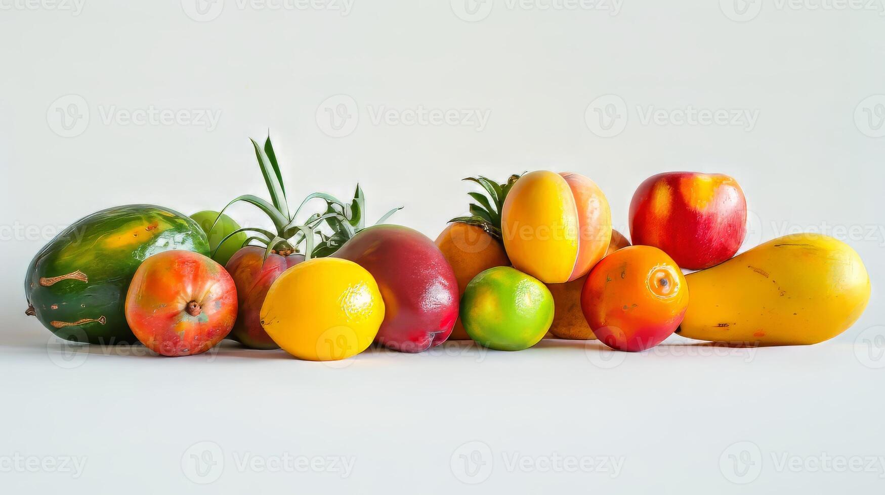 A bunch of fruits including apples, oranges, and lemons are displayed on a white background photo