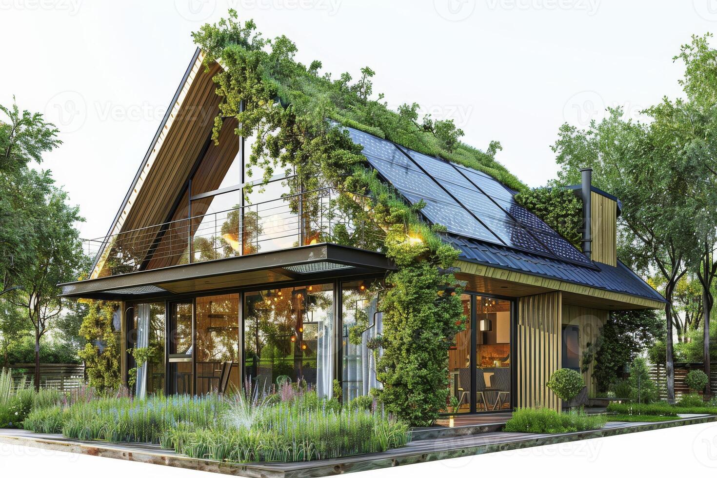 Sustainable home with solar panels and a green roof, reducing carbon emissions and energy consumption photo