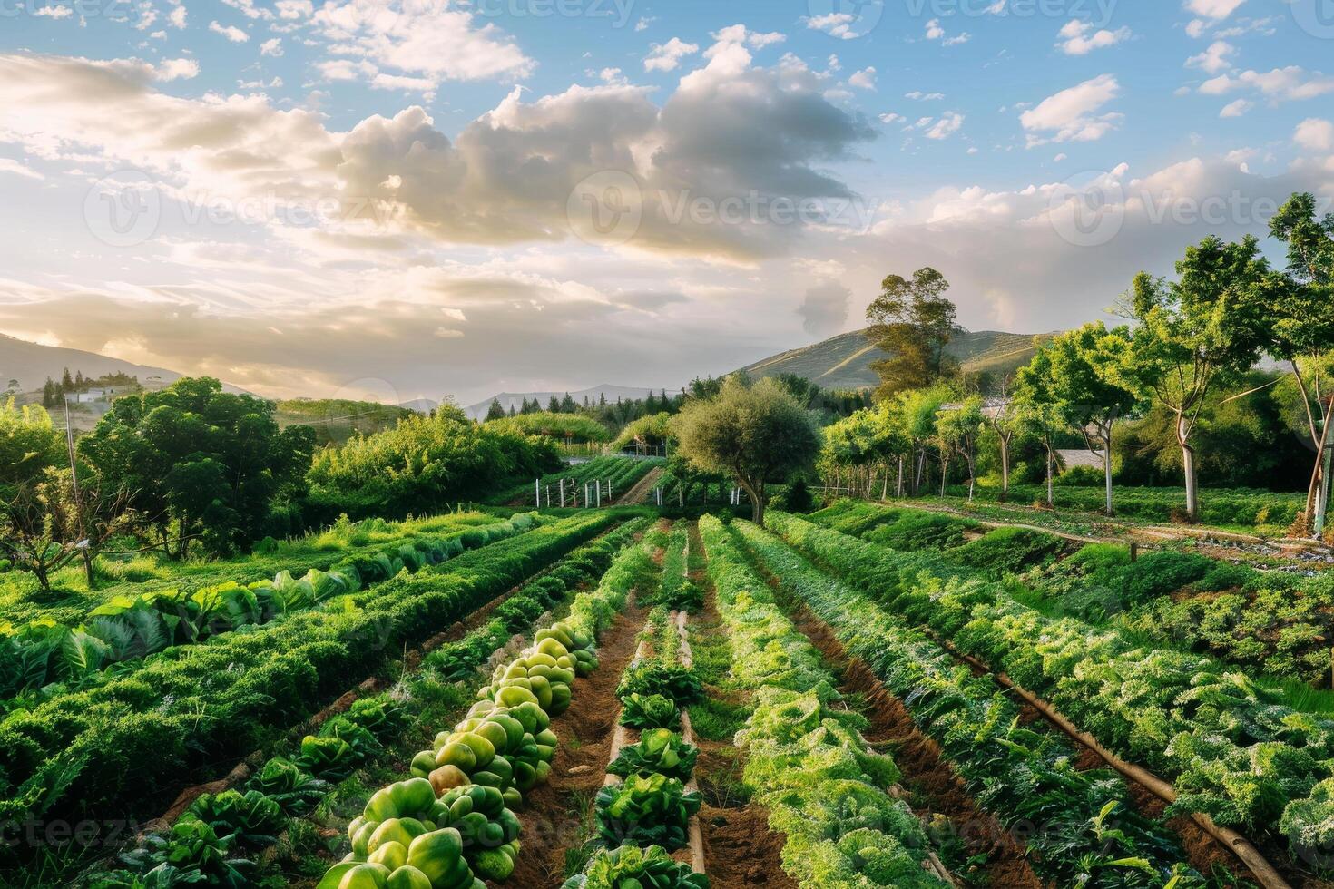 Organic farm with rows of vegetables and fruit trees, promoting pesticide-free agriculture photo