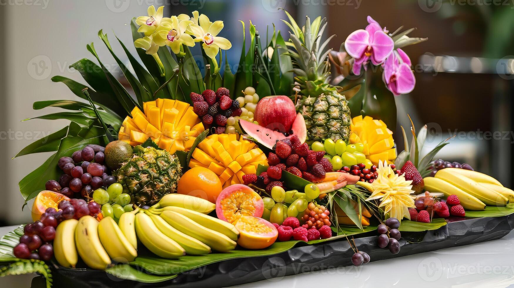 A fruit platter with a variety of fruits including bananas, grapes, and oranges. The arrangement is colorful and appetizing photo
