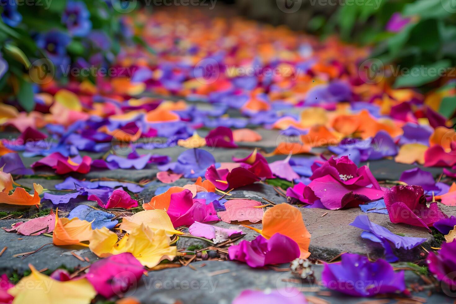 Rainbow-colored flower petals scattered transparently on the ground in a garden photo
