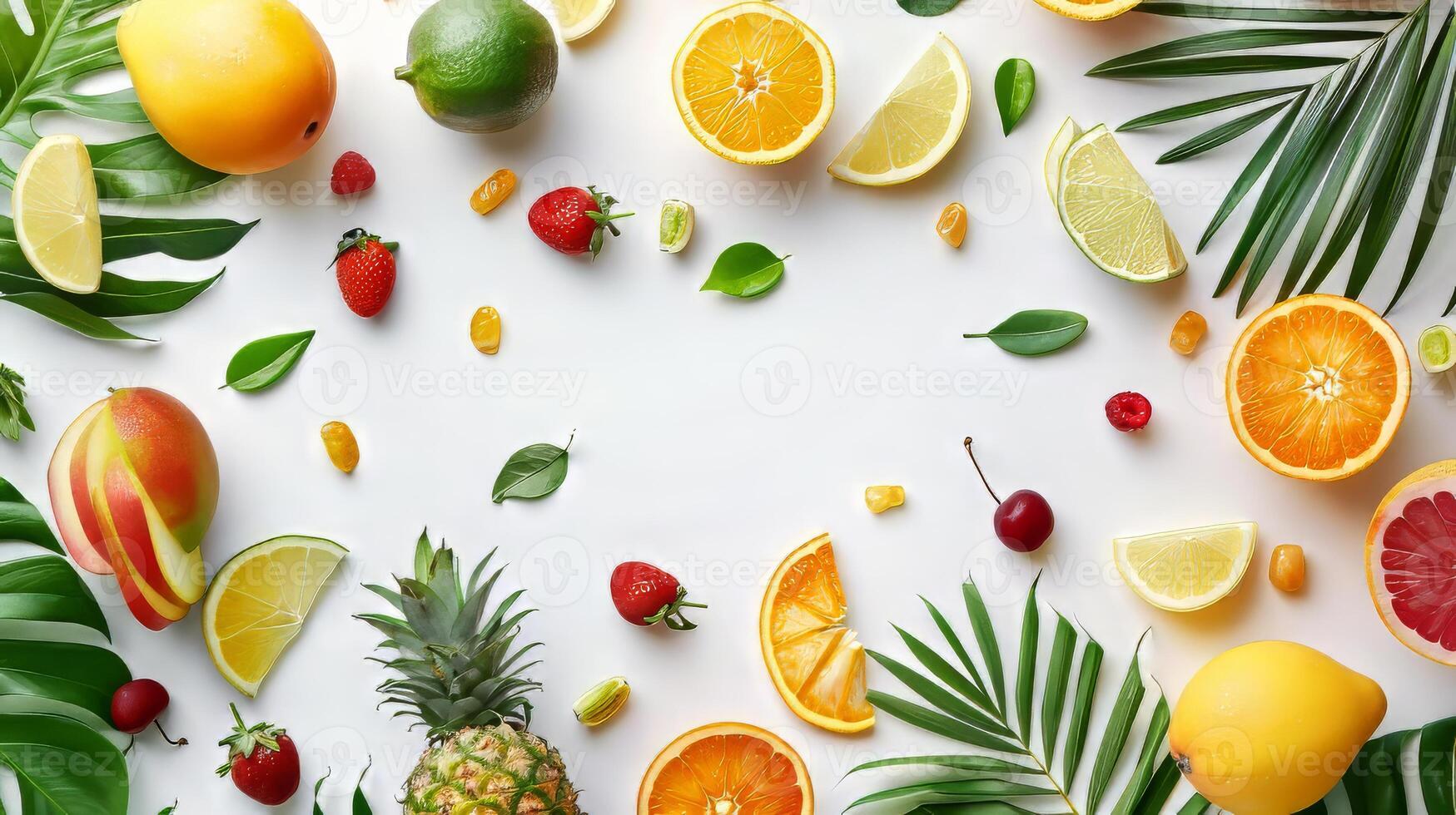 A colorful assortment of fruits and s, including oranges, lemons, and strawberries, arranged in a circular pattern on a white background photo