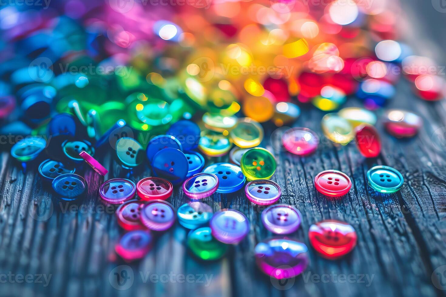 Rainbow-colored buttons transparently scattered on a table photo