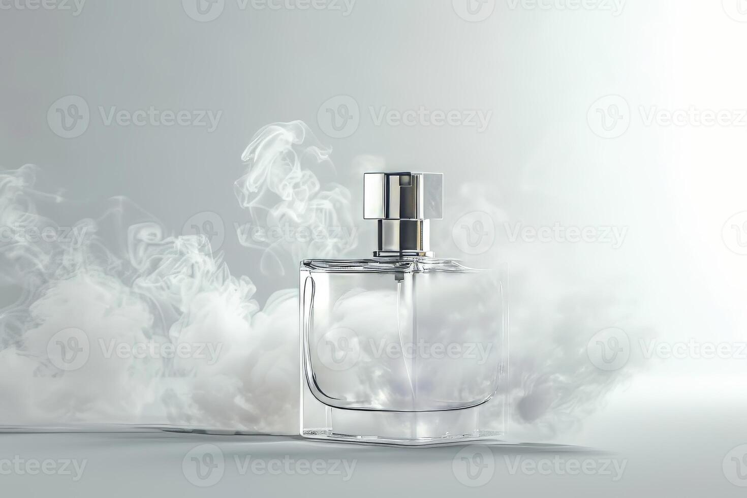 Perfume spray mist on a soft transparent white backdrop, perfect for fragrance advertisements photo
