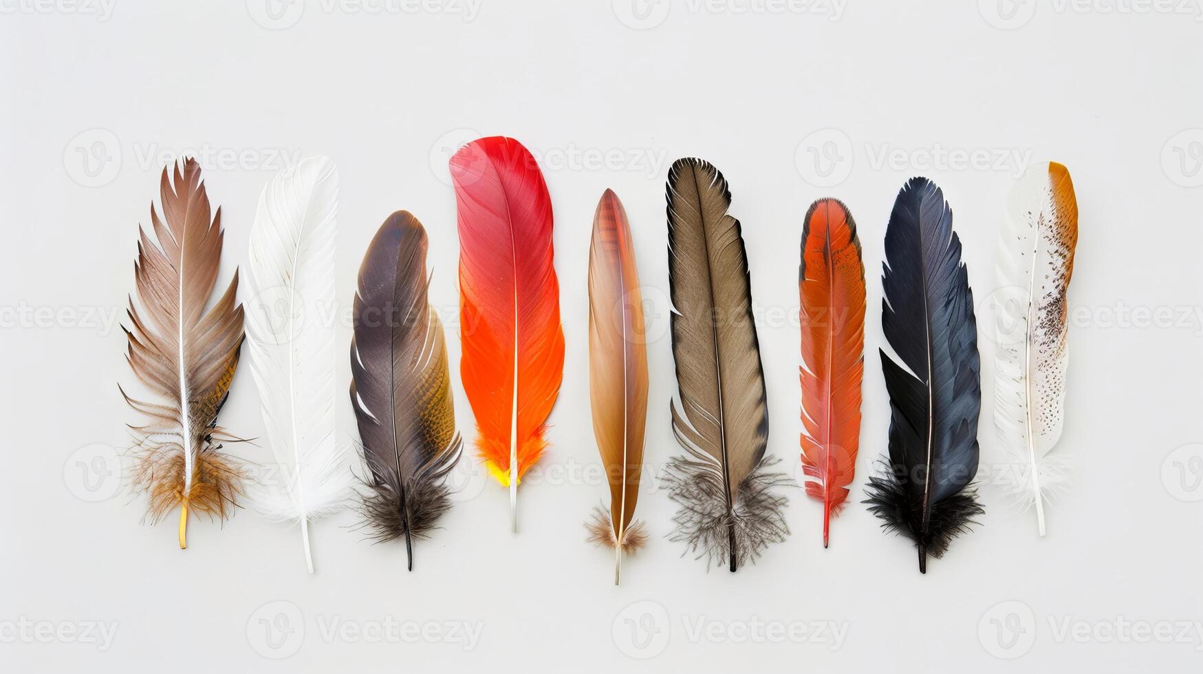 Feathers with a bohemian twist arranged in a captivating display on a pure white backdrop photo
