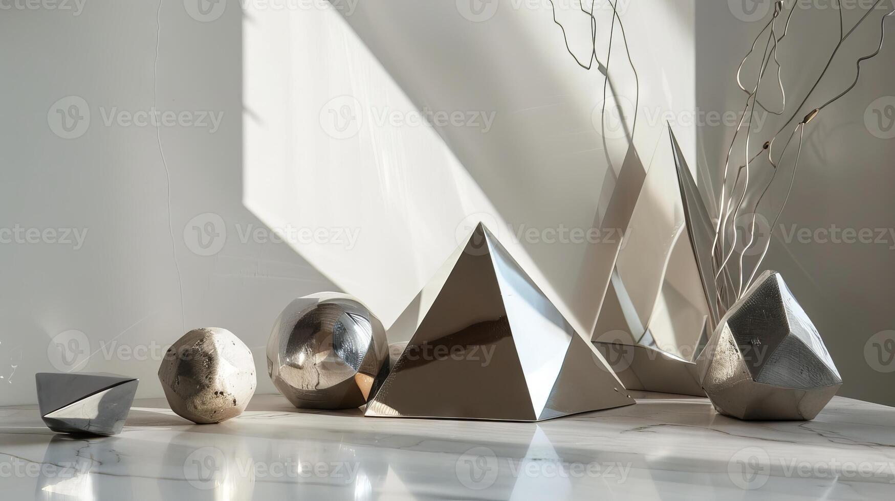 A collection of shiny, metallic vases and sculptures are arranged on a white surface photo