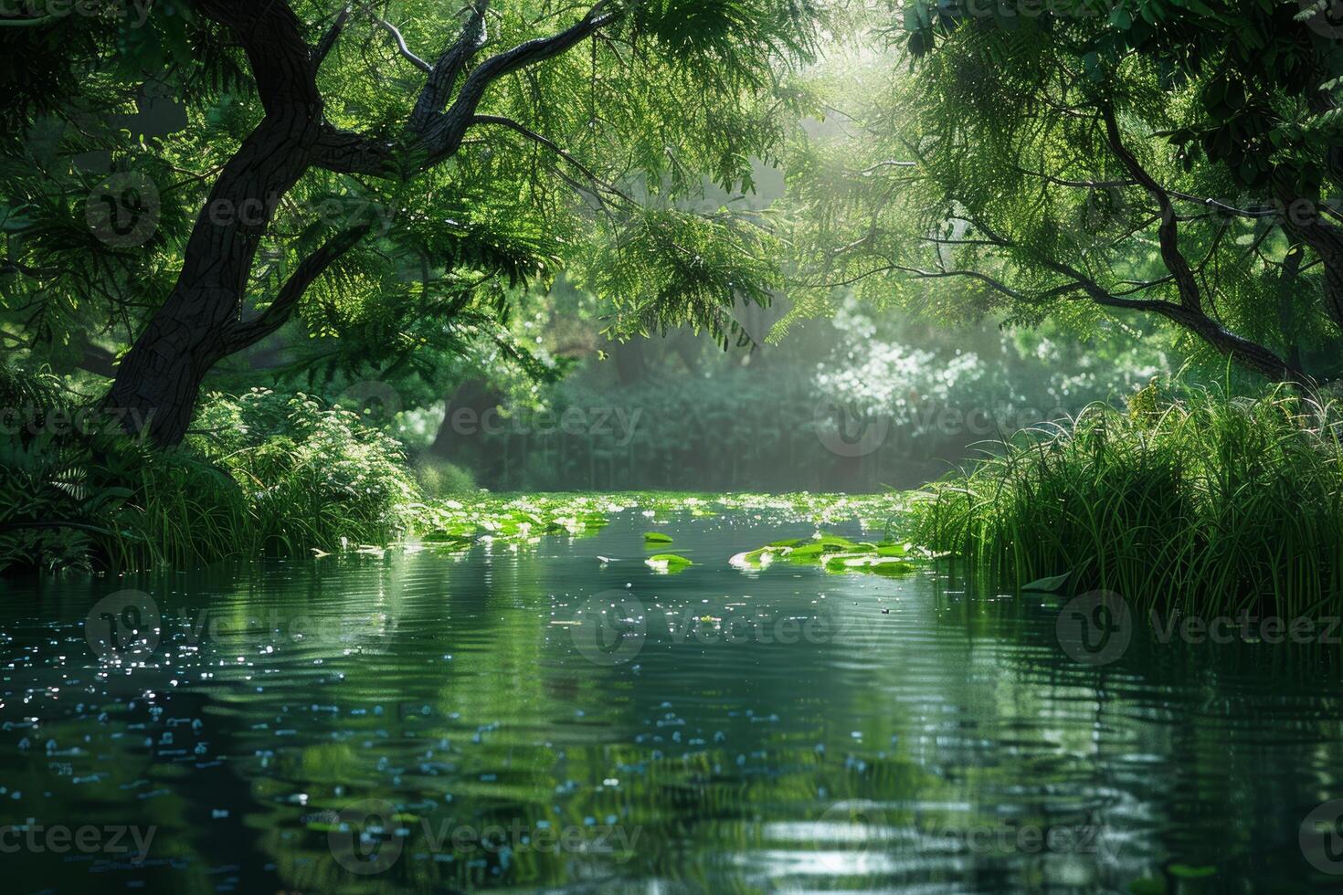 Tranquil scene of a peaceful lake surrounded by lush greenery, offering a moment of serenity photo