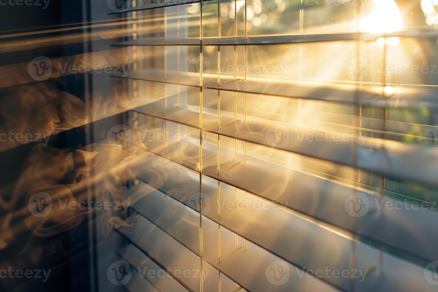 The sun is shining through the window blinds, creating a warm and inviting atmosphere. The light is casting a beautiful glow on the room, making it feel cozy and comfortable photo