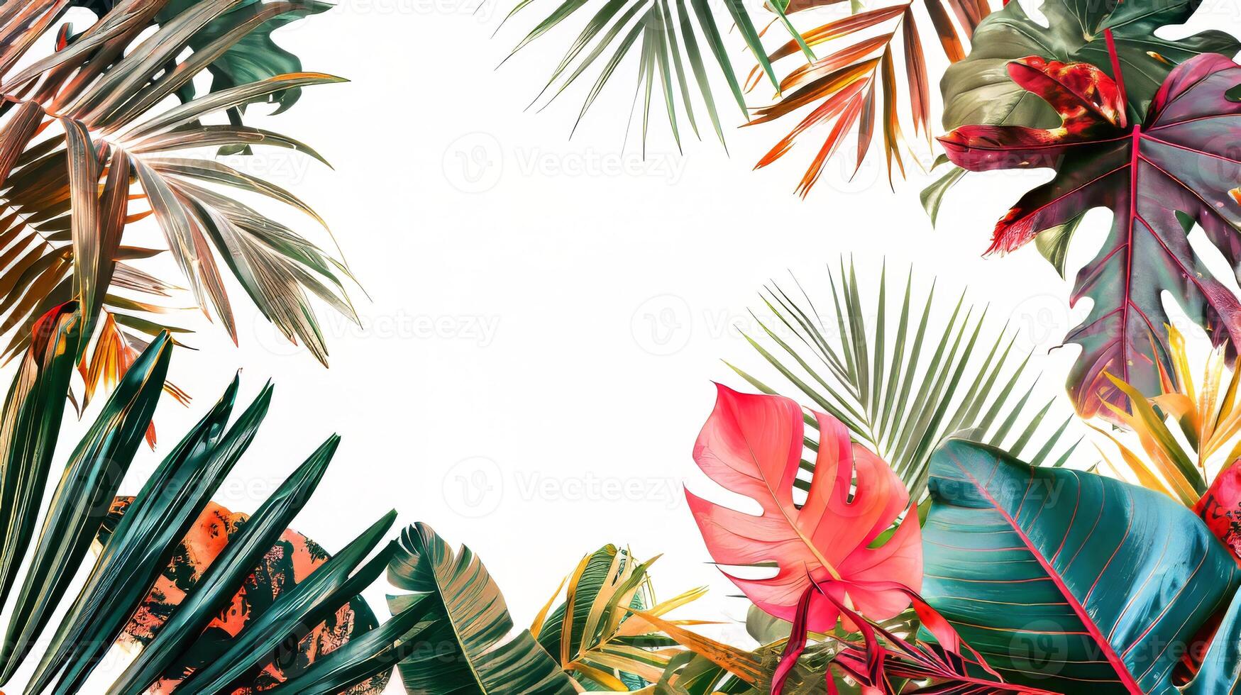 A colorful tropical scene with a white background. The image is full of vibrant colors and exotic plants, creating a sense of warmth and adventure photo