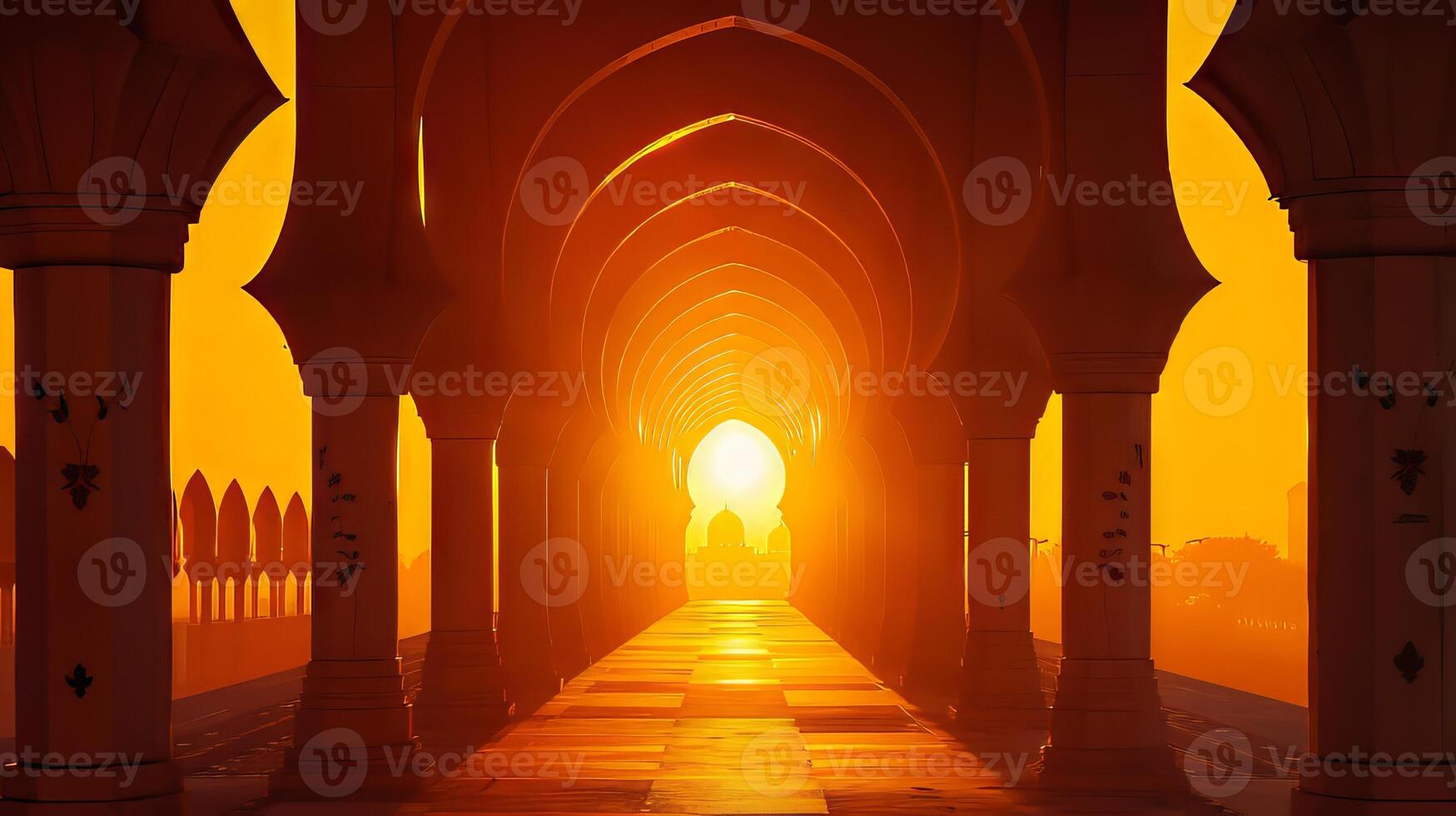 Traditional Islamic arches against a golden sunset background, evoking a sense of spirituality photo