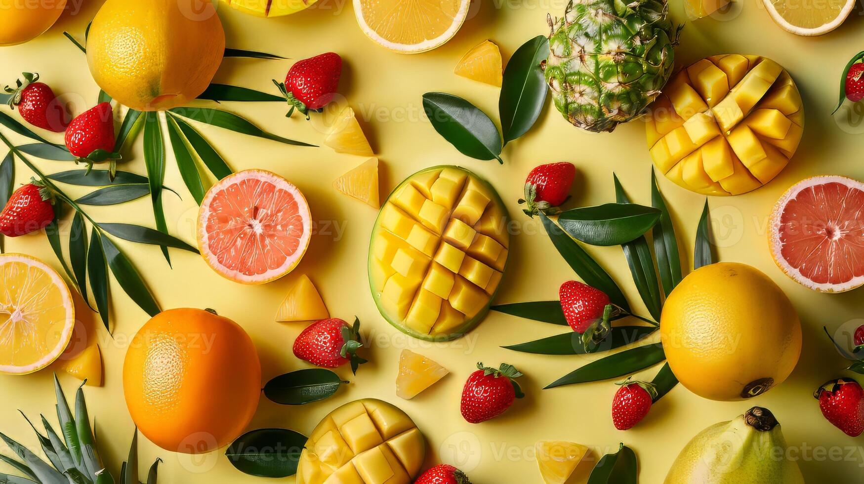 A colorful fruit salad with oranges, strawberries, and pineapple. Concept of freshness and abundance, as well as a healthy and vibrant lifestyle photo
