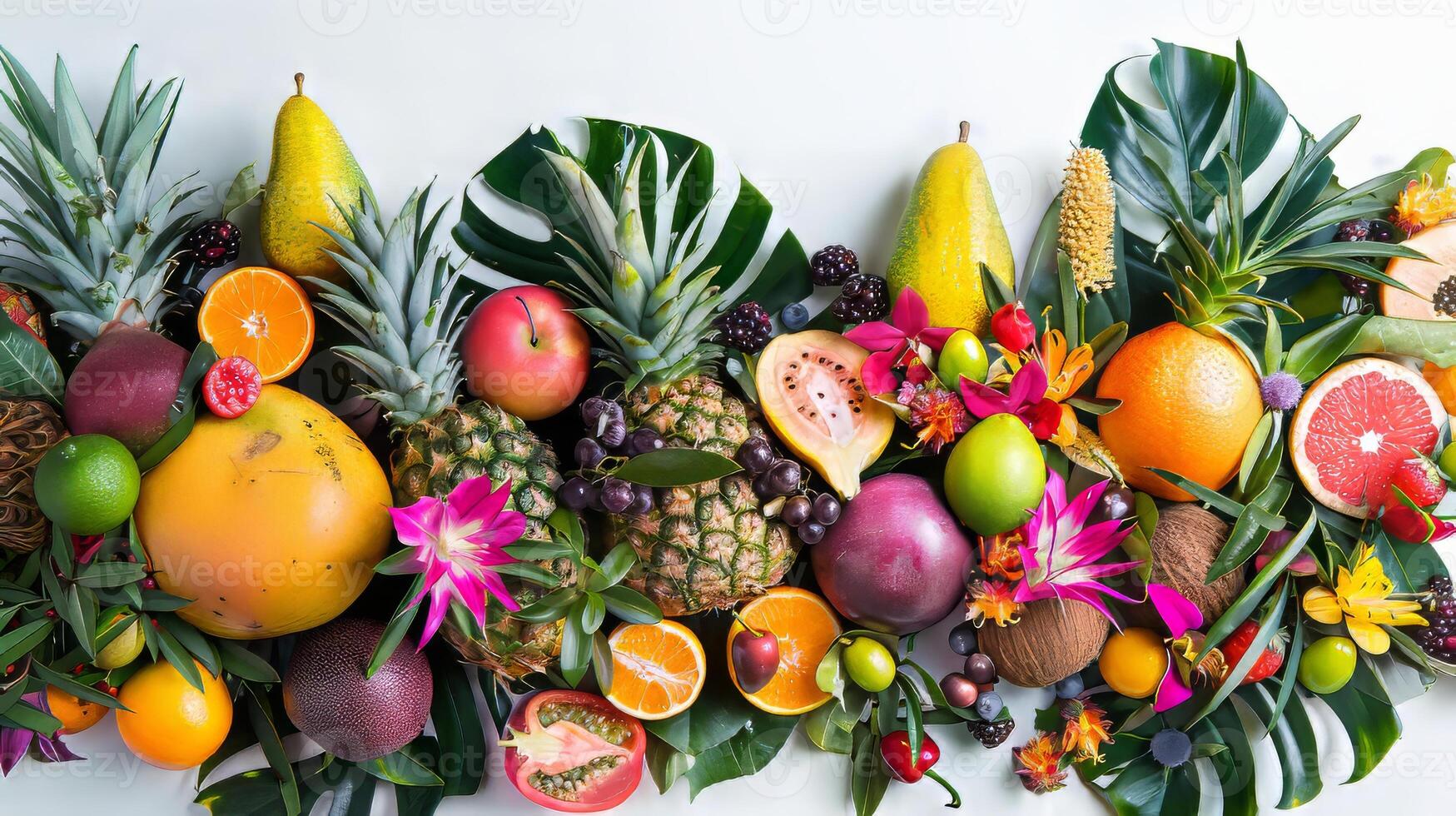 A colorful display of fruits and s, including oranges, apples, pears, and grapes photo