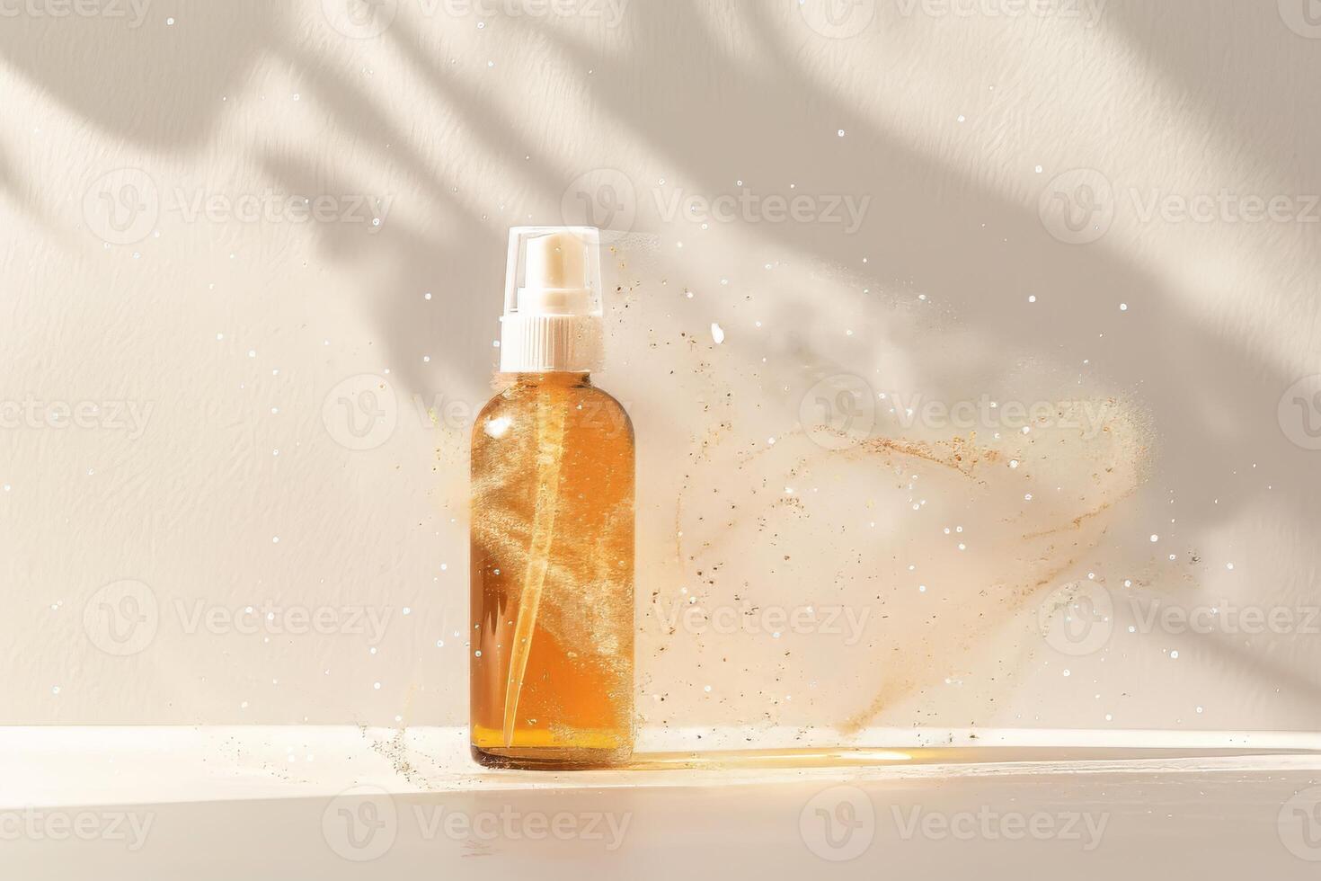 Spray tan mist on a soft transparent white backdrop, ideal for beauty salon promotions photo