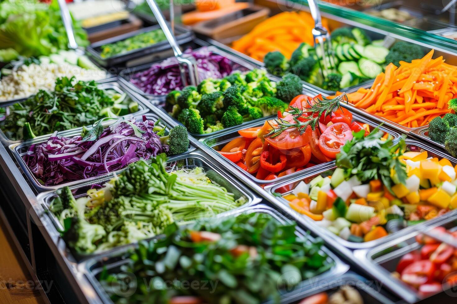 Close-up of a salad bar with assorted fresh vegetables and toppings, promoting customizable and nutritious meals photo
