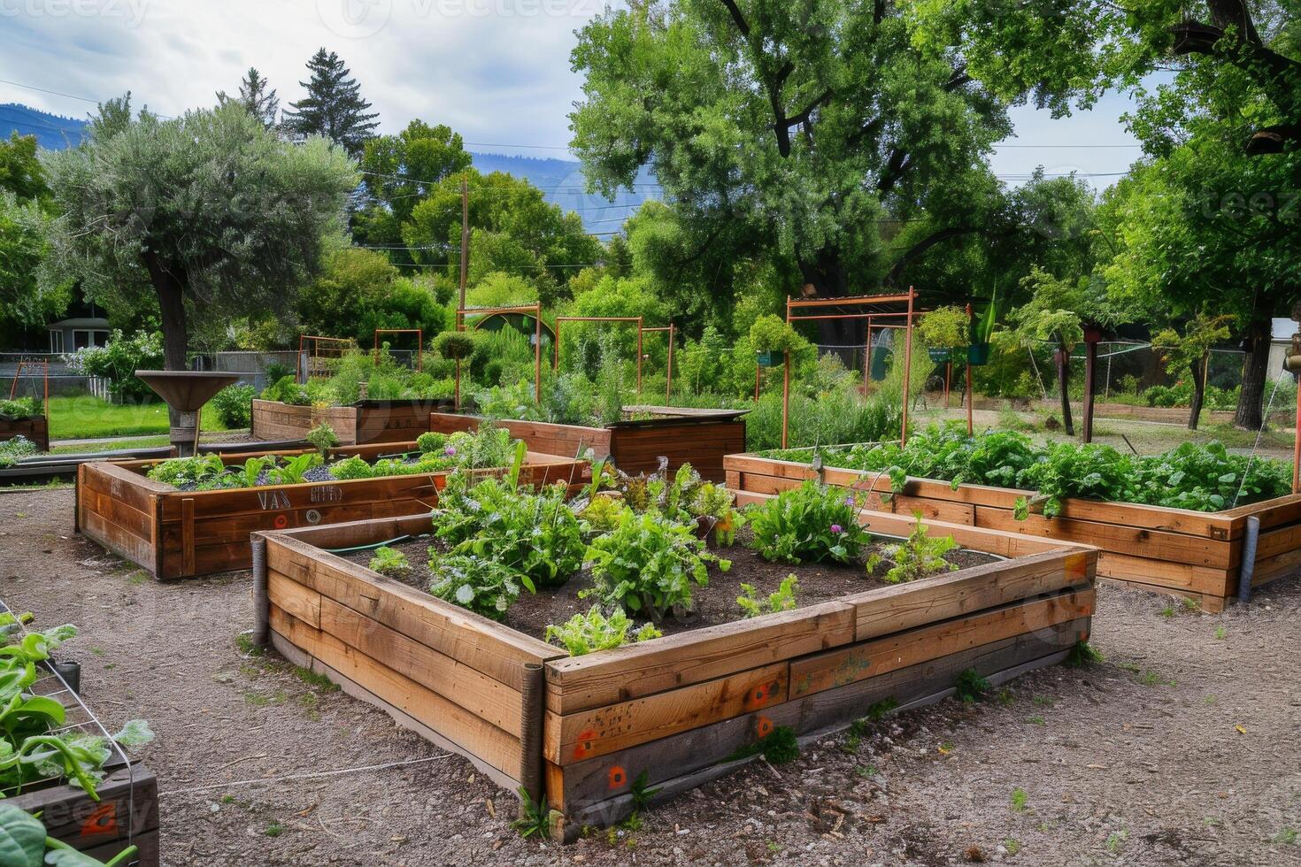 Sustainable community garden with raised beds and composting bins, promoting local food production photo