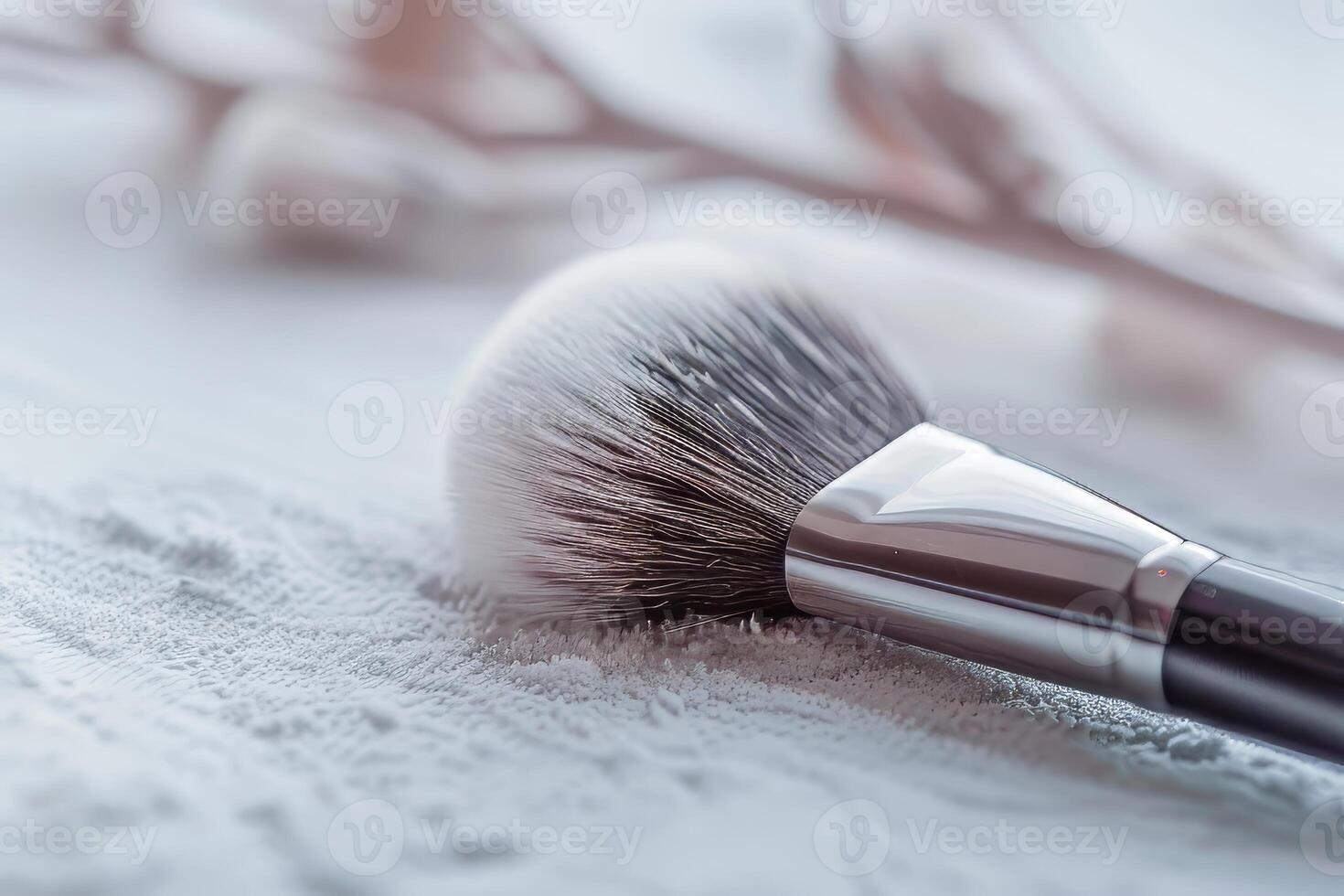 Highlighter powder brush on a soft transparent white surface, ideal for makeup tutorials photo