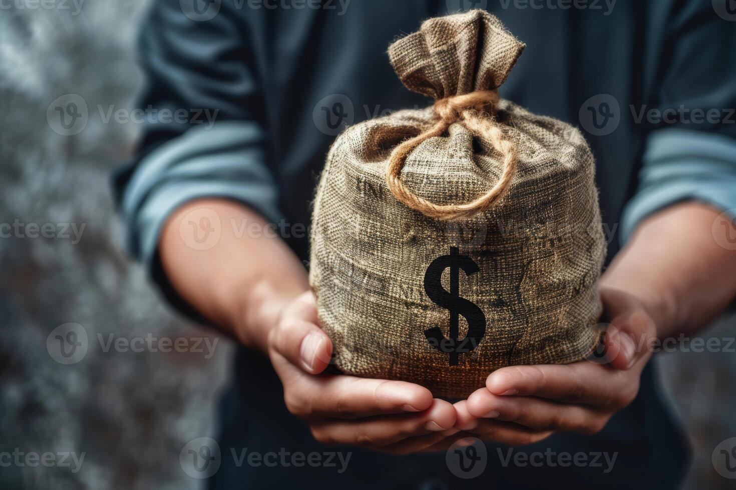 Hands holding a money bag with a dollar sign, financial security concept photo