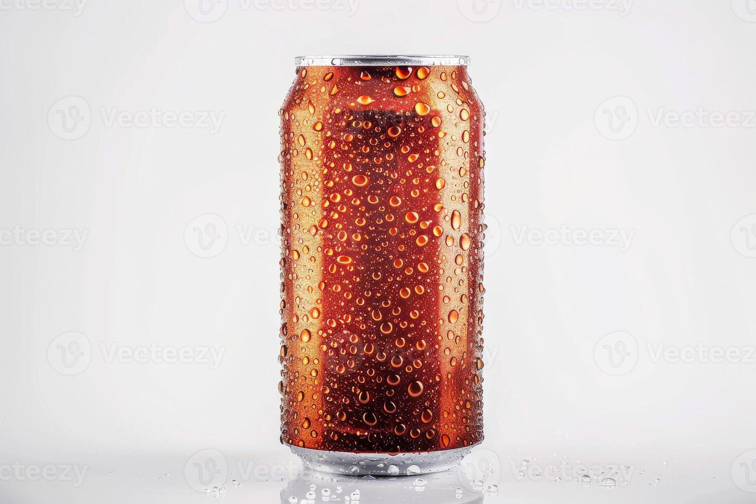 A can of soda is sitting on a white surface with condensation on the outside photo