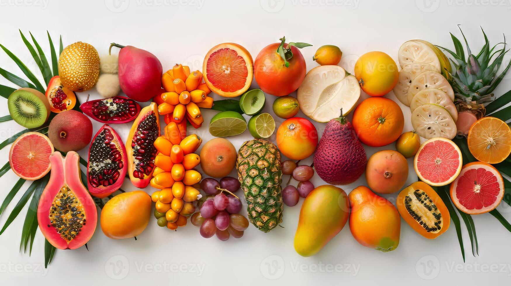 A colorful assortment of fruits and s, including oranges, apples, and grapes. Concept of abundance and freshness, showcasing the variety of healthy foods available photo