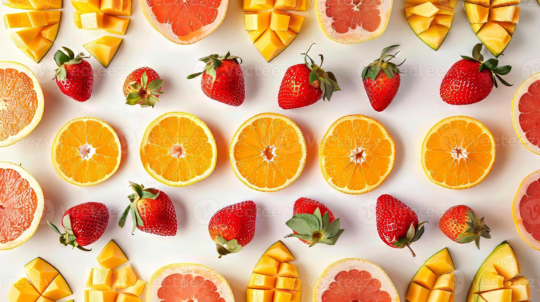 A colorful fruit salad with oranges, strawberries, and grapefruit. Concept of freshness and health, as well as a celebration of the natural beauty of fruits photo