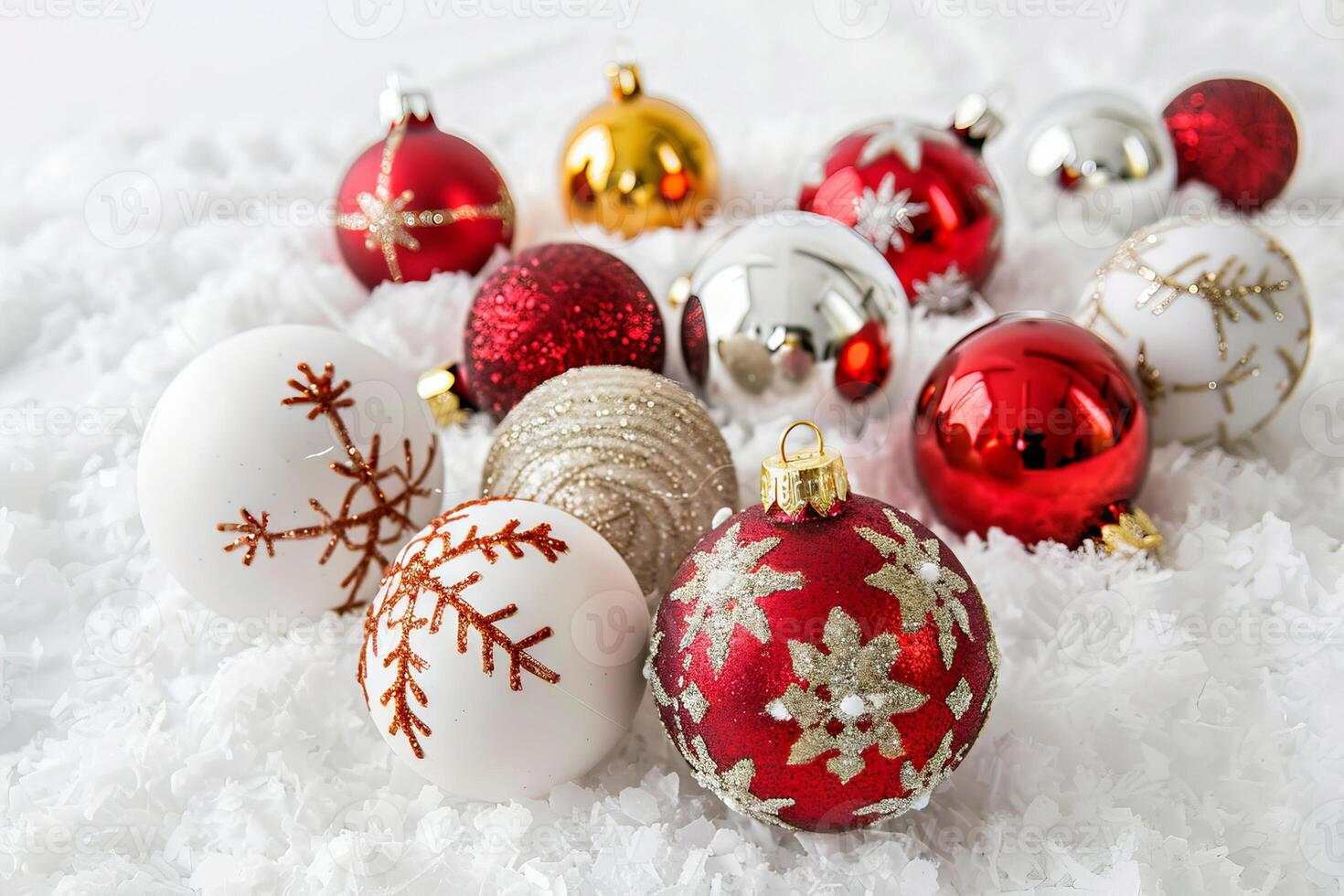 Festive Christmas ornaments on a soft transparent white backdrop, perfect for festive illustrations photo