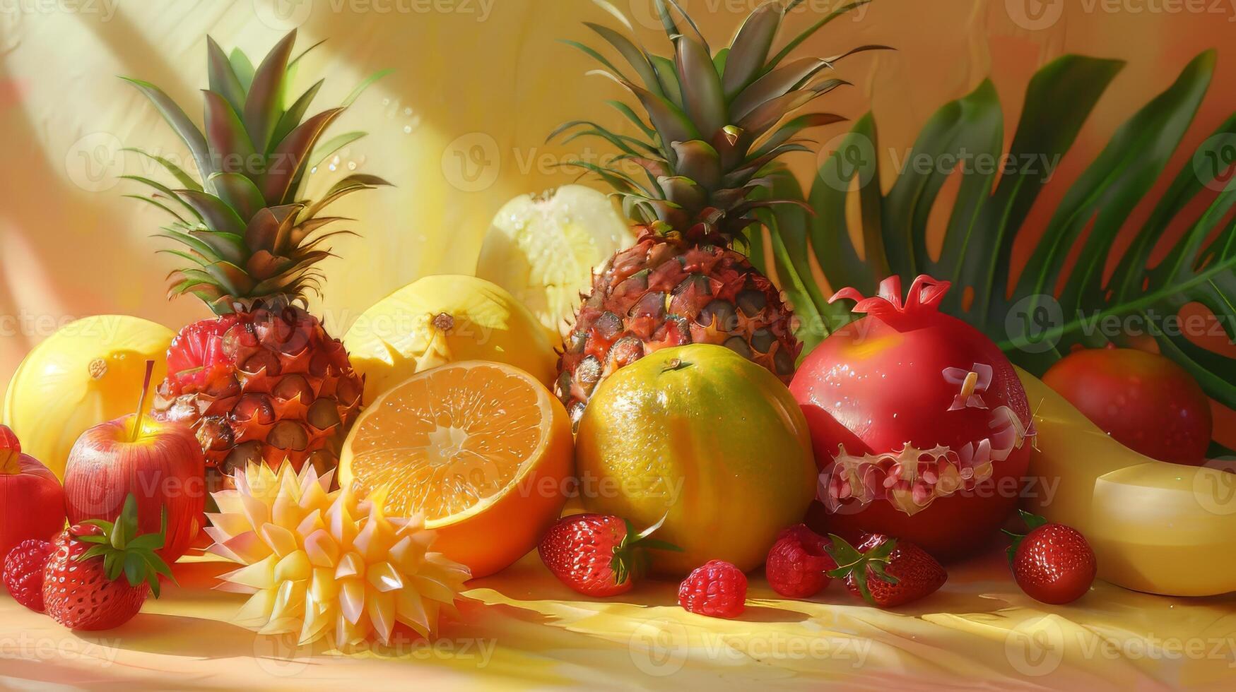 A colorful fruit display with a variety of fruits including apples, oranges, and strawberries. The arrangement of the fruits creates a vibrant and inviting atmosphere photo