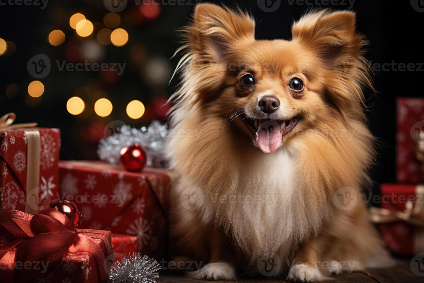 cute dog puppy under Christmas tree with gifts for celebration of the new year at home photo